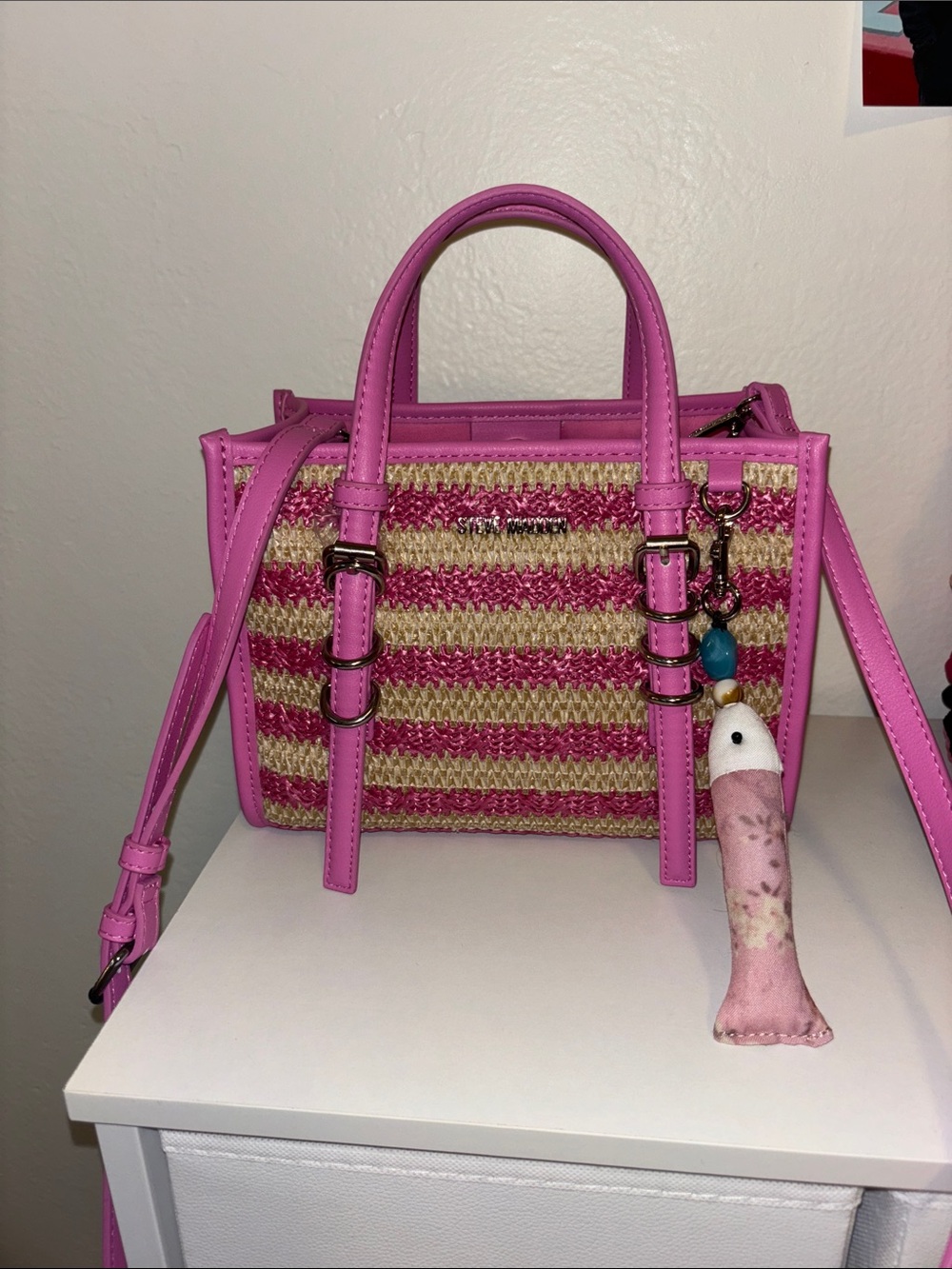 Steve Madden Pink Straw-Striped Satchel with Charm